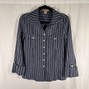 Wear It Linen Blend Shirt Womens 0 Blue Silver Metallic Button Up Long Sleeve